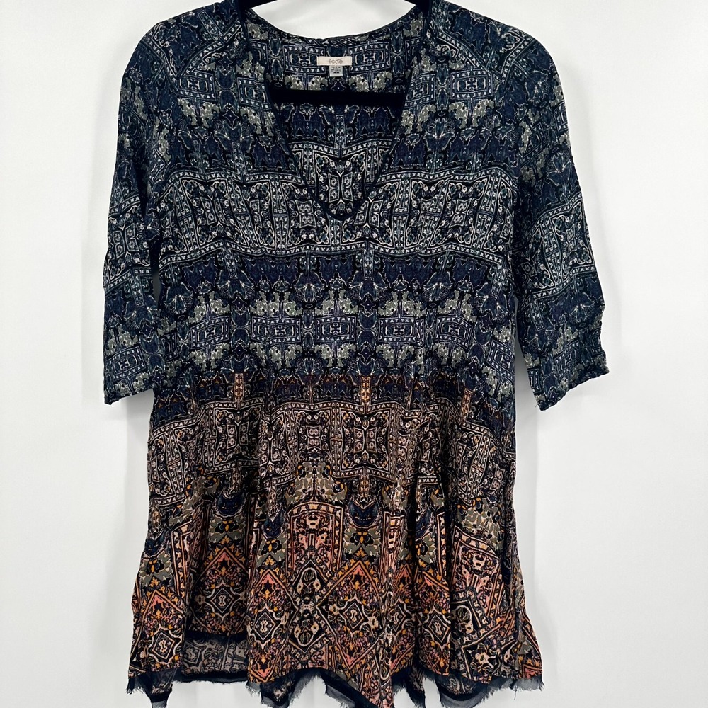 Ecote Tunic Top Women's XS‎ Blue Geo Print Raw Hem Boho Deep V Neck Pullover
